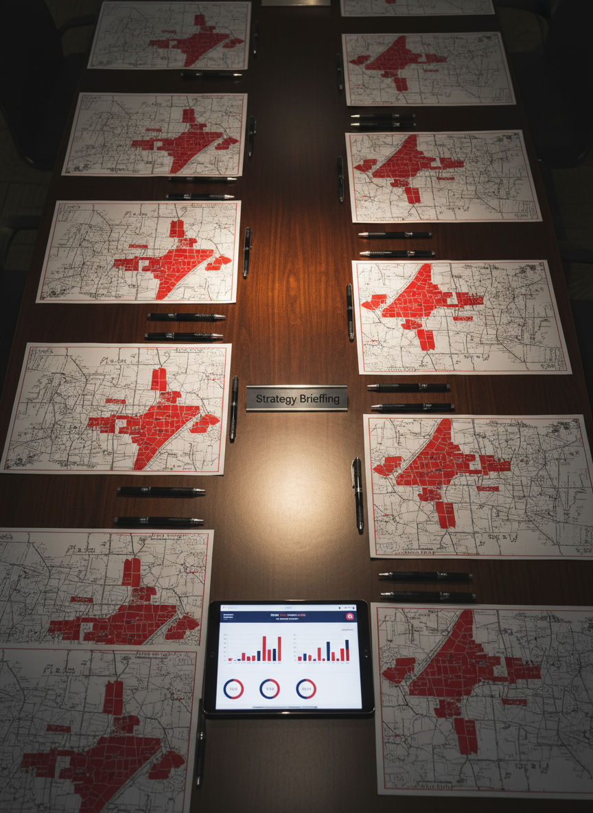 A dramatic overhead shot of a long, dark wooden conference table with a subtle grain pattern, meticulously arranged with printed Connecticut district maps in grayscale, key areas shaded in strong red tones. Between the maps lie neatly aligned pens, a single digital tablet showing a clean, red-and-navy analytics dashboard, and a thin, metallic nameplate that reads “Strategy Briefing” in simple sans-serif type. Controlled, warm overhead lighting forms a bright central pool on the table, with gentle falloff toward the edges, creating an intense yet orderly war-room atmosphere. Photographic realism, with sharp focus and moderate depth, emphasizes preparation, clarity, and a serious, professional Republican consulting environment.