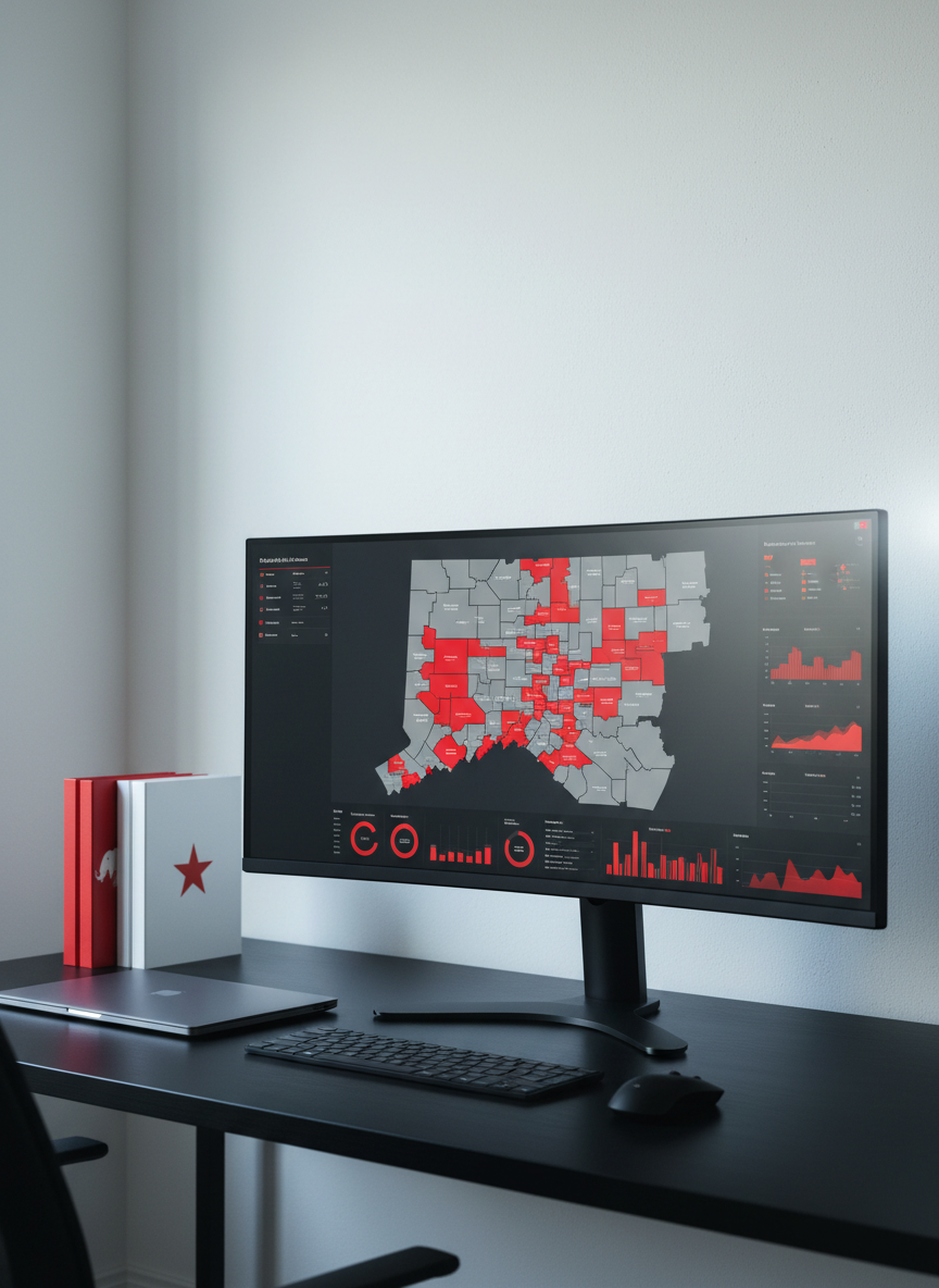 A minimalist, modern workspace featuring a large, ultra-wide monitor on a matte black desk, displaying a clean campaign dashboard with precinct maps of Connecticut in muted gray and bold red highlights. Next to the monitor rests a closed, charcoal-gray laptop with a brushed aluminum finish and a neat stack of red and white folders labeled with simple, abstract icons. The scene is lit by cool, diffused daylight from an unseen window, casting soft, directional shadows. Photographic realism, captured at eye level with balanced composition and sharp focus throughout, creates a calm, highly organized, credible environment that suggests disciplined, execution-focused Republican digital operations.